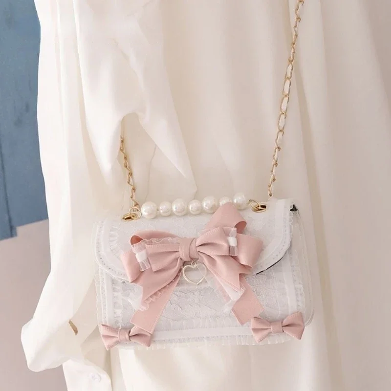 

MBTI Lolita Bow Lace Shoulder Bag for Girl Pearl Jk Kawaii 2023 New Trend Purse Japan Style Gentle Female Designer Crossbody Bag