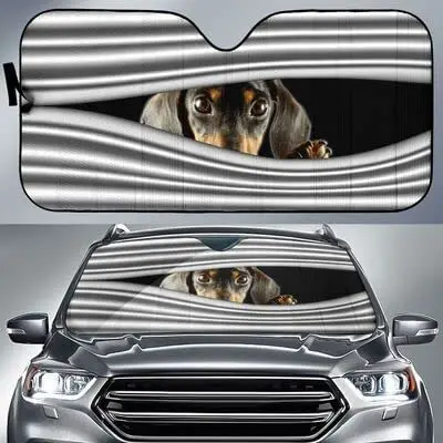 

Funny Dachshund Behind Curtain Car Sunshade, Black and Tan Dachshund Behind Window Curtain Auto Sun Shade for UV Sun Block, Gift