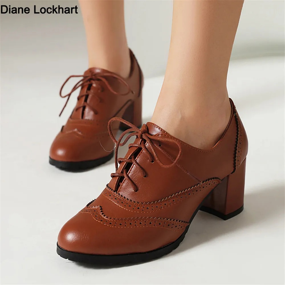 

Spring Vintage Women Pump Shallow Brogue Chunky High Heels Cut Out Oxford Shoes Ladies Lace-Up Female Fashion Elegant Footwear