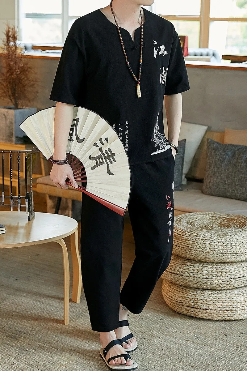 Summer Traditional Chinese Linen Tang Suit Men (Shirt + trousers) Cotton Linen Suit T Shirt Men Kungfu Clothes Tang tai chi clothing chinese men hanfu top