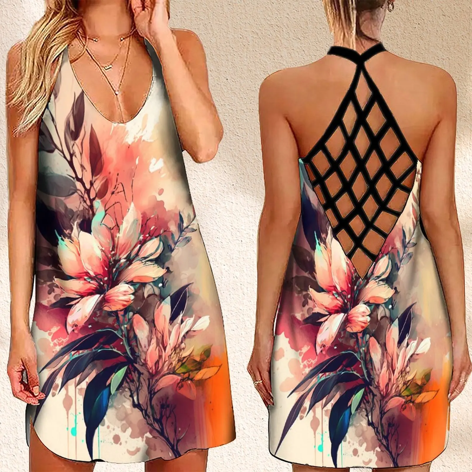 

Summer Women's Criss Cross Backless Sleeveless Dress BohoWomen's Summer Sundresses Flowers WatercolorPrint Evening Dresses Women