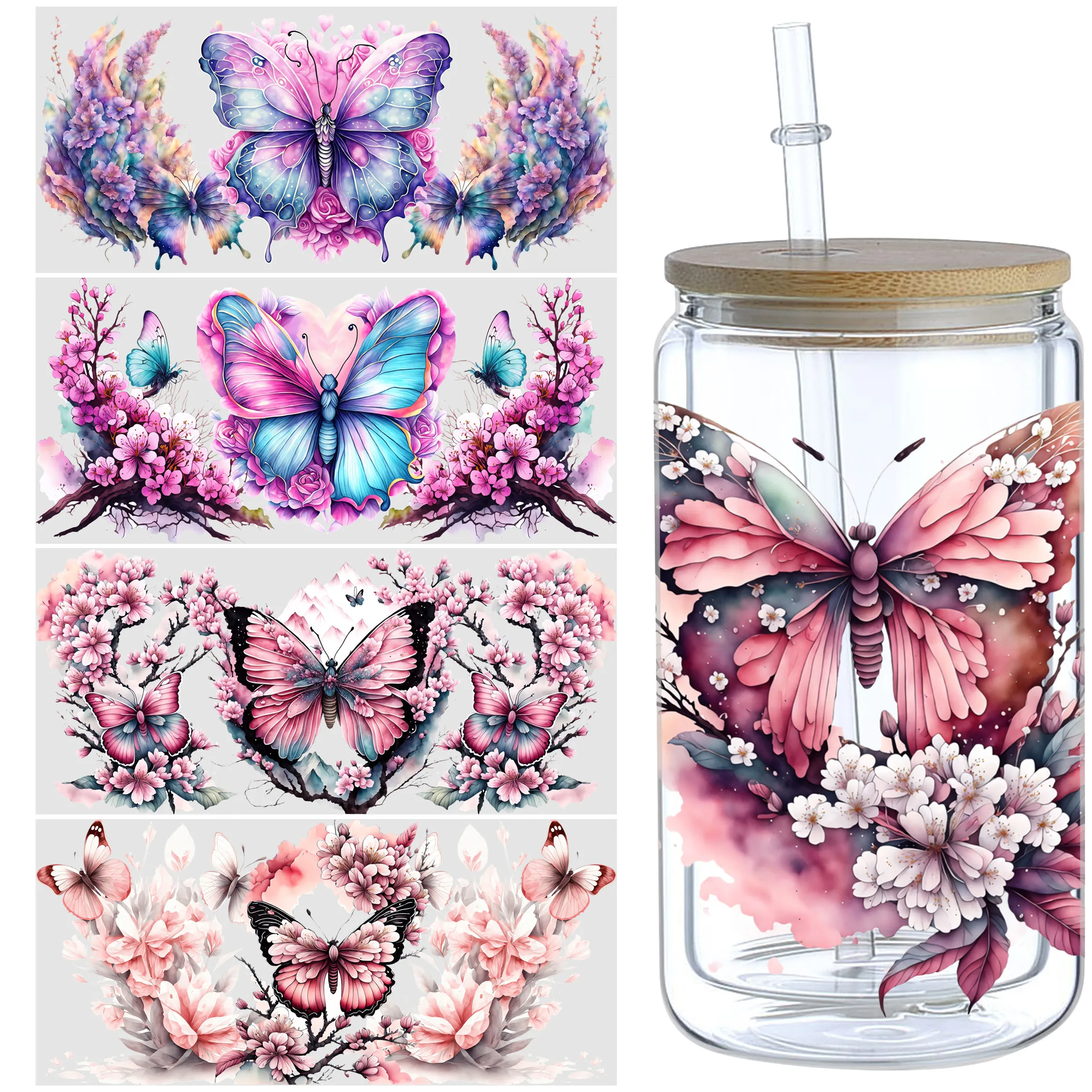 Butterfly UV DTF Cup Stickers 5 Sheets Glass Movement DTF Transfer Stickers Waterproof Beautiful Butterfly Wipe Transfers
