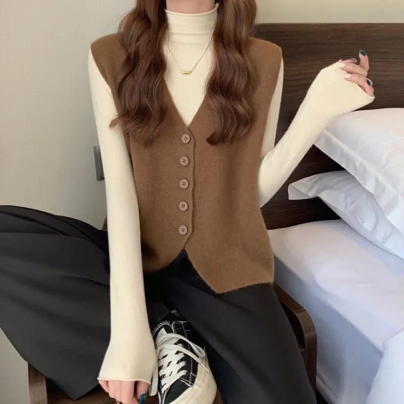 여성용 가디건 조끼, 2023 작은 향기로운 스웨터, 니트 조끼, 민소매 겹침 작은 커프 스웨터, 가을 및 겨울
