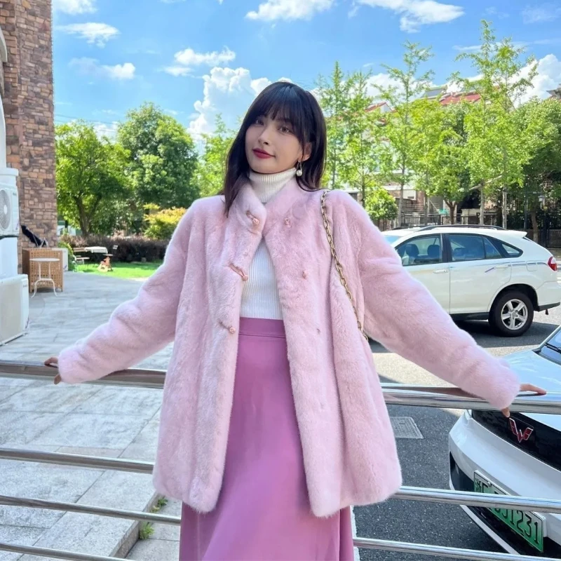 Women Artificial Mink Hair Fur Coat Mid-Length Female Fashion Loose Stand Collar Outcoat Winter New Thicken Warm Casual Outwear