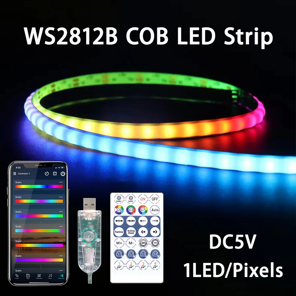 WS2812B COB светодиодная полоса освещения USB Bluetooth музыкальный контроллер 5 в постоянного тока индивидуально адресуемая 160 светодиодов Цвет Мечты 5 мм пиксель RGBIC