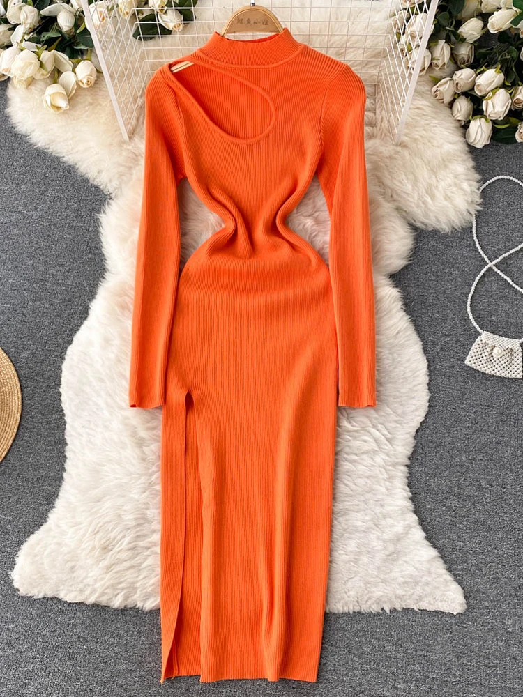

YuooMuoo Women Dress 2022 Winter Long Sleeve Slim Knitted Sweater Dress Sexy Hollow Out High Split Autumn Long Dress Vestidos