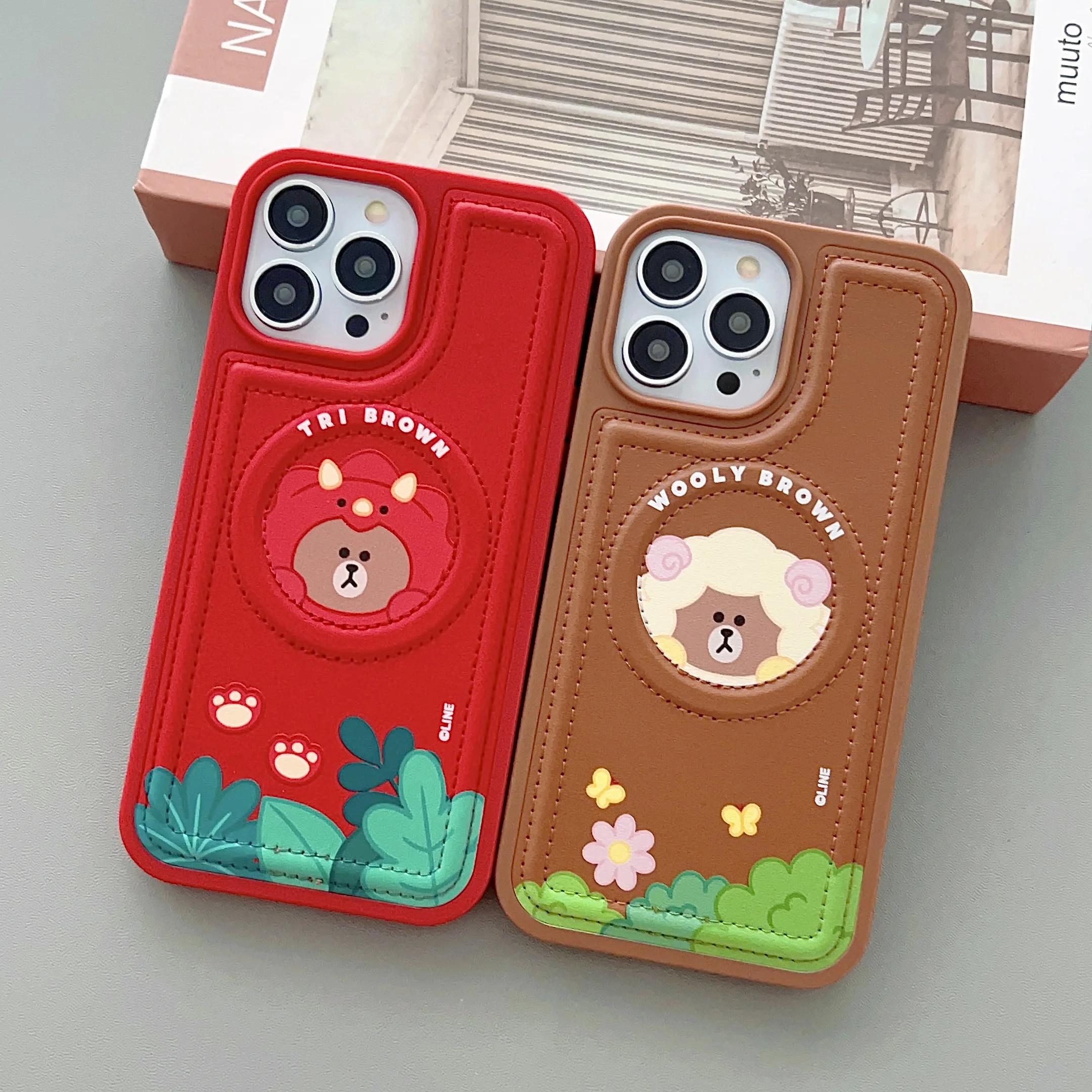 

Brown Bear cute cartoon For Magsafe Magnetic leather material Phone Cases For iPhone 14 13 12 11 Pro Max Back Cover