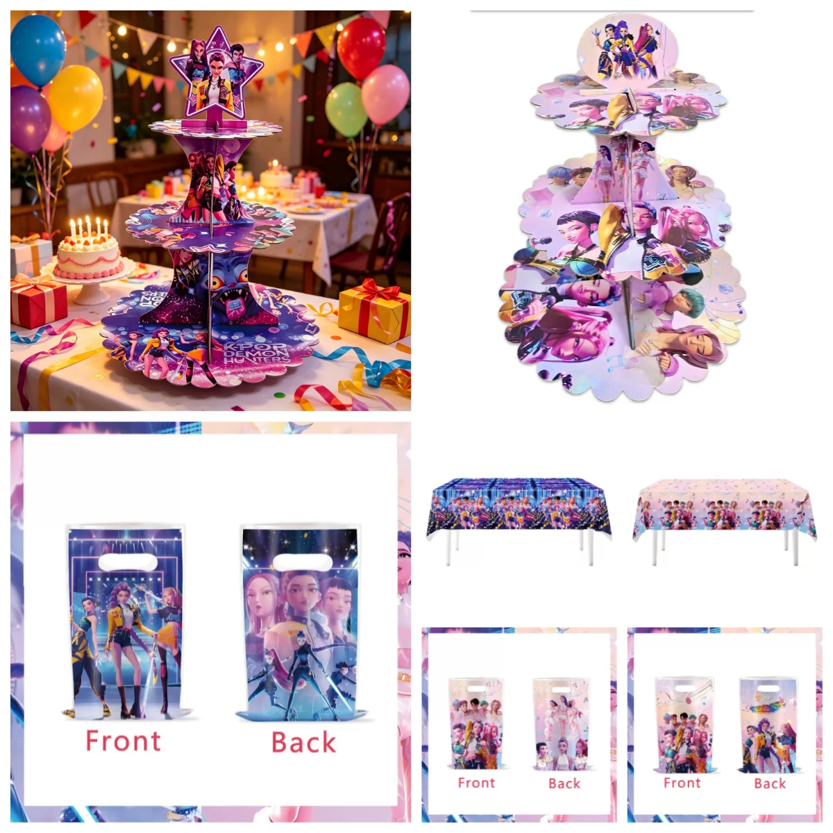 Kpop Demon Themed Cartoon Gift Bag, Three-layer Cake Rack, Tablecloth Decoration, Birthday Party Supplies
