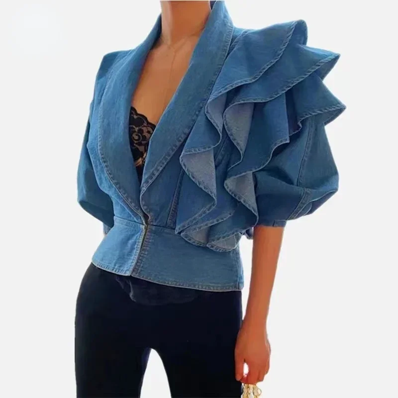 

Korea Autumn Women Clothing Cropped Denim Jacket Vintage Harajuku Ruffle Puff Sleeve Crop Top Streetwear Jean Coats Blue Cowboy