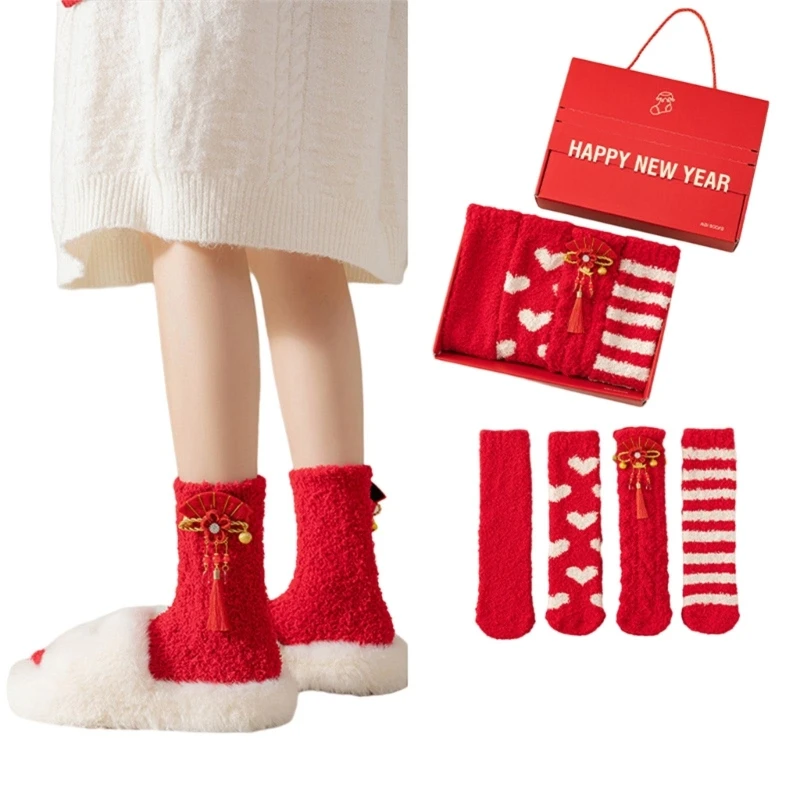 Women Dragon Zodiac Coral Fleece Socks Winter Warm Chinese New Year Sleep Socks