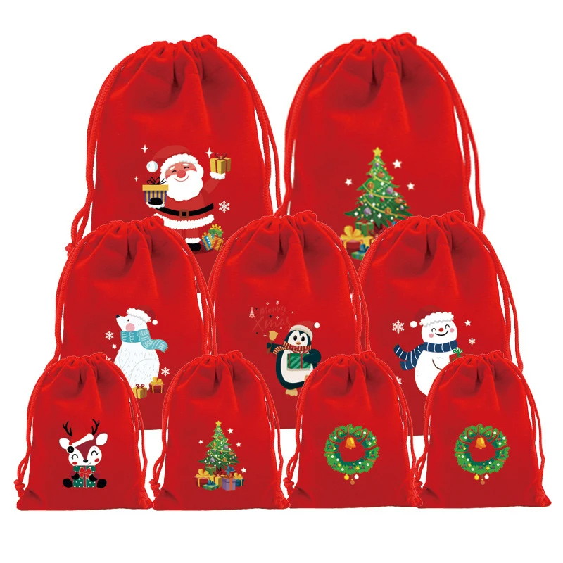 

Christmas Drawstring Red Gift Bag For Candy Cookies Wrapping Packaging Snowman Elk Santa Claus Xmas Tree Holiday Party Supplies