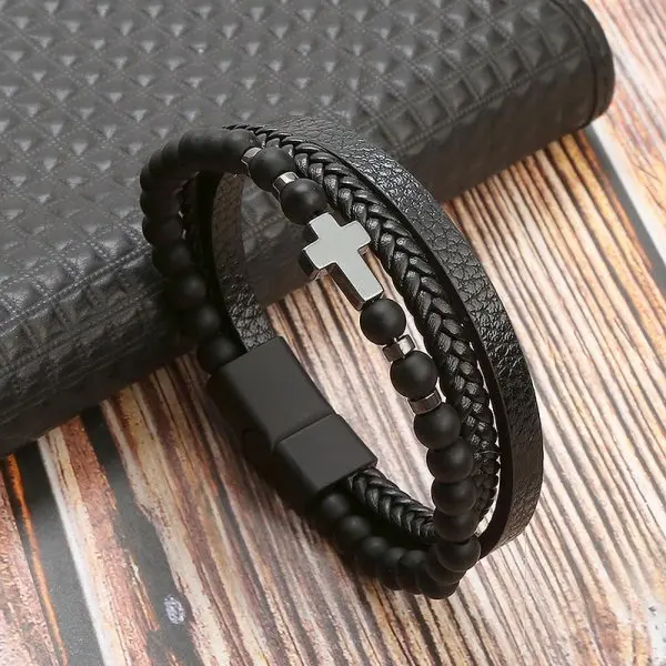 Qusediny Men's Natural Stone & Leather Bracelet Set – Adjustable Magnetic Clasp, Gift Box (8mm Beads)