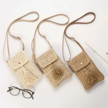 Women Straw Beach Bag Holiday Mobile Phone Shouder Bag Summer Tassel Mini Crossbody Bag for Lady Gril Travel Bohemian Style