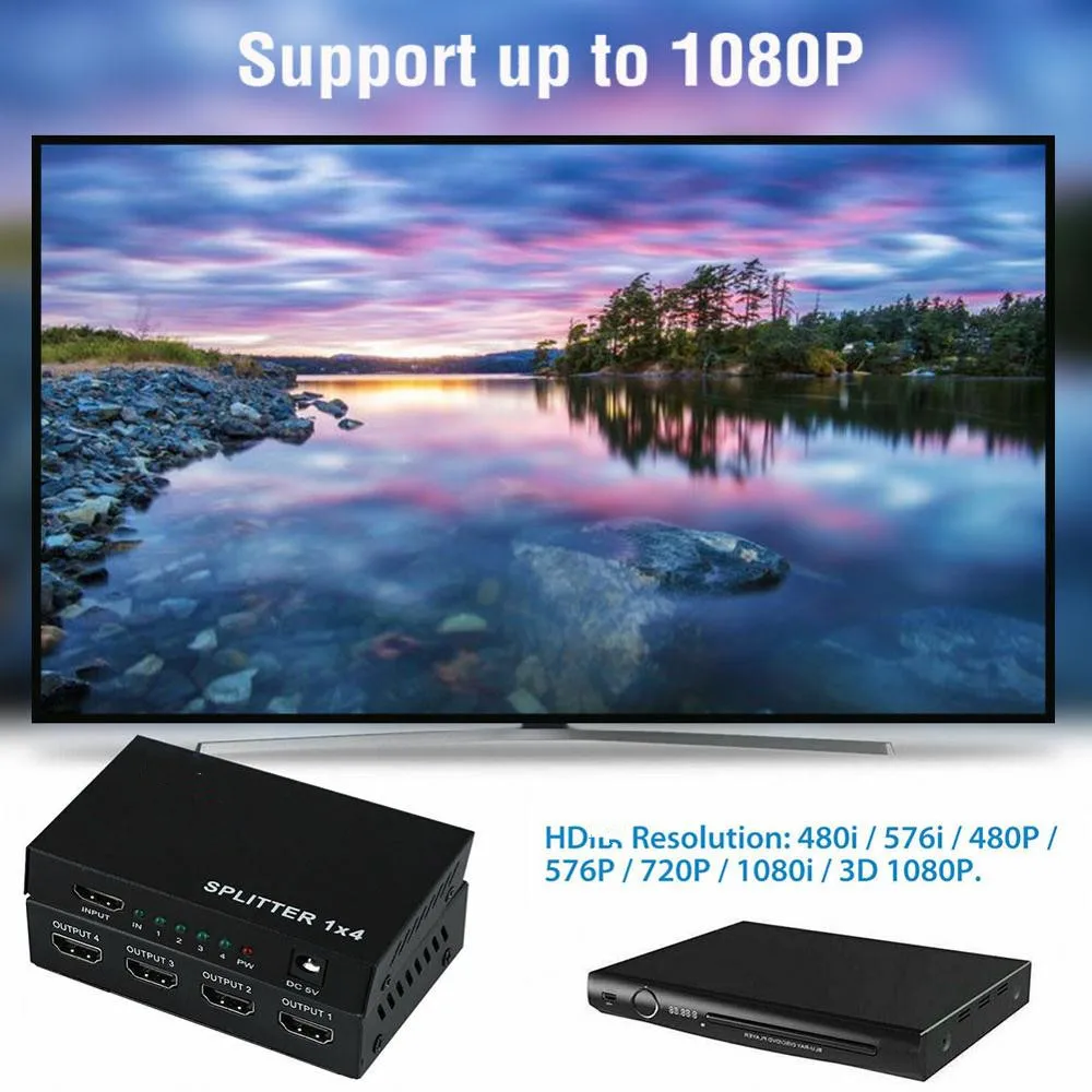 3D 1080P HDMI-compatible Splitter 1 in 4 out Power Signal Amplifier Audio Spliter Switch HD Converter Adapter