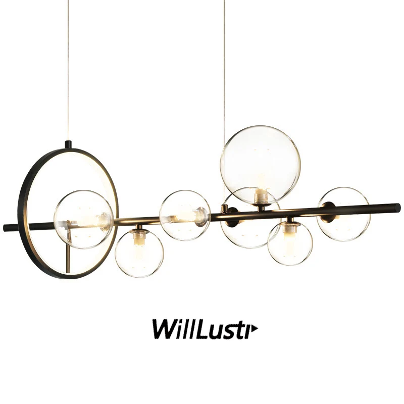 

Modern Glass Bubble Pendant Lamp Iron Pole LED Ceiling Chandelier Hotel Cafe Dining Table Luxury Suspension Hanging Lighting