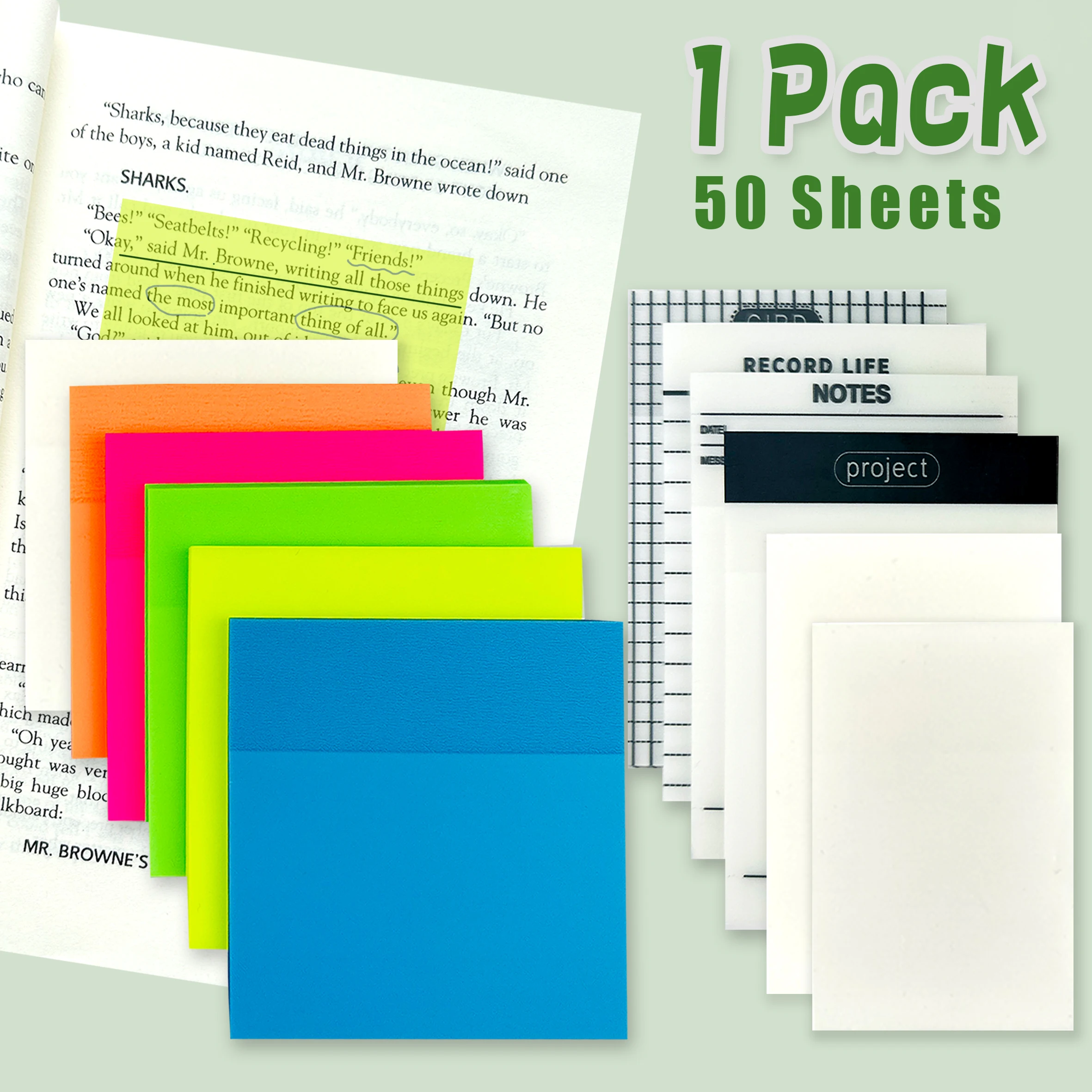 50Sheets Sticky Notes Self-adhesive Posted It Transparentes for Annotation Books Markers Notepad Tabs Stationery School Supplies