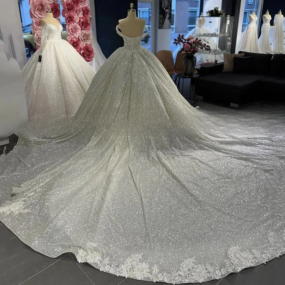 CustomizedV-Neck Shiny Off The Shoulder Appliques Wedding Dress Ball Gown Floor Length Sweep Train Lace Up Bridal Gown