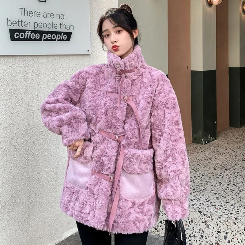 Faux Fur Coat for Women, Mid Length , Loose Outwear, Thick Lamb Wool, Warm Parkas, Fashion Stand Collar, Casual Outcoat,New，2024 doll collar wool coat women s autumn new mid length plaid outwear mujer fashion loose long sleeve warm woolen coat female q322