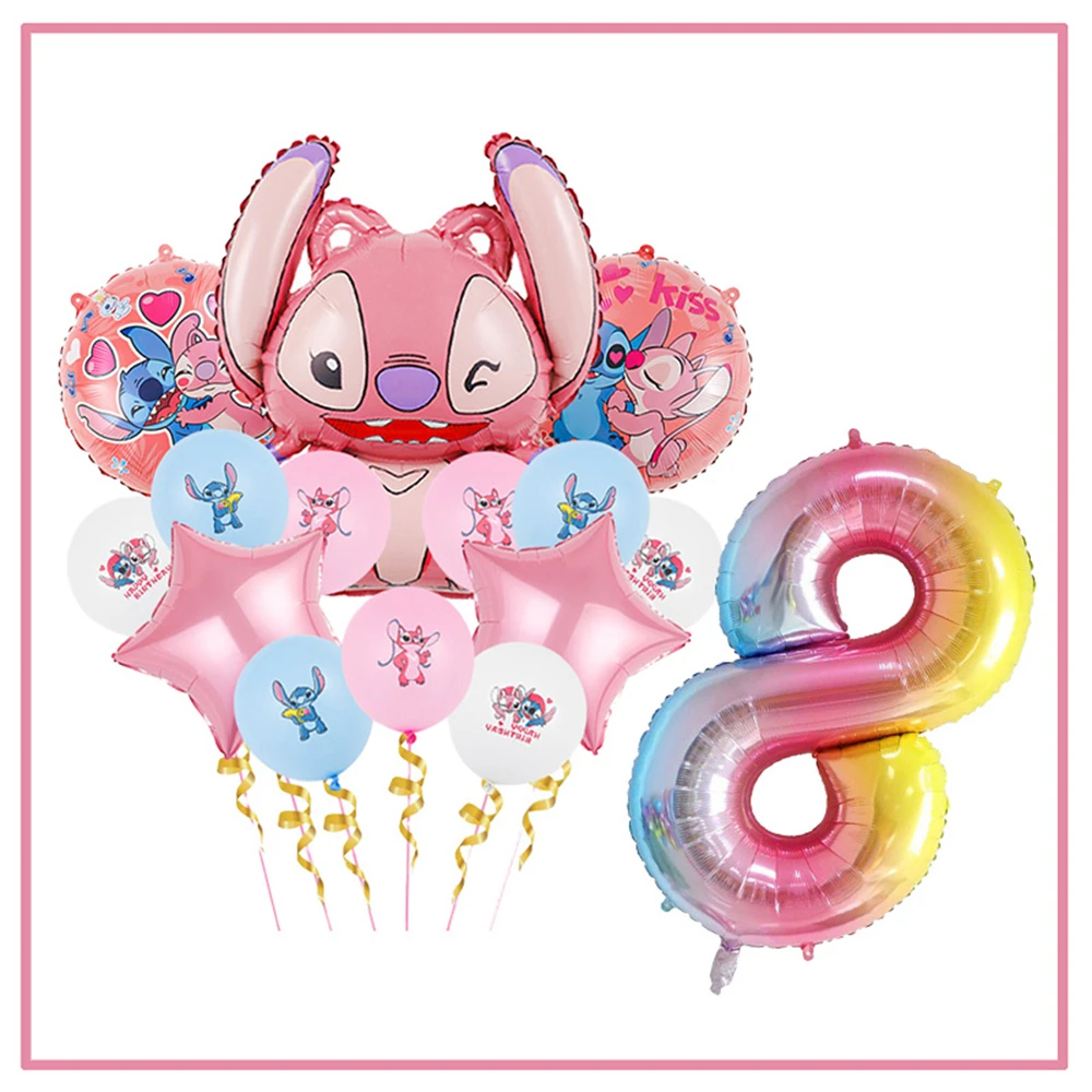 thumbnail image 1 of Decoraciones para fiesta de cumpleaños de Disney Stitch, globos 3D de Lilo y Stitch, vasos de papel rosados, platos, servilletas, suministros, pancartas, vajilla para niños, 1 of 5