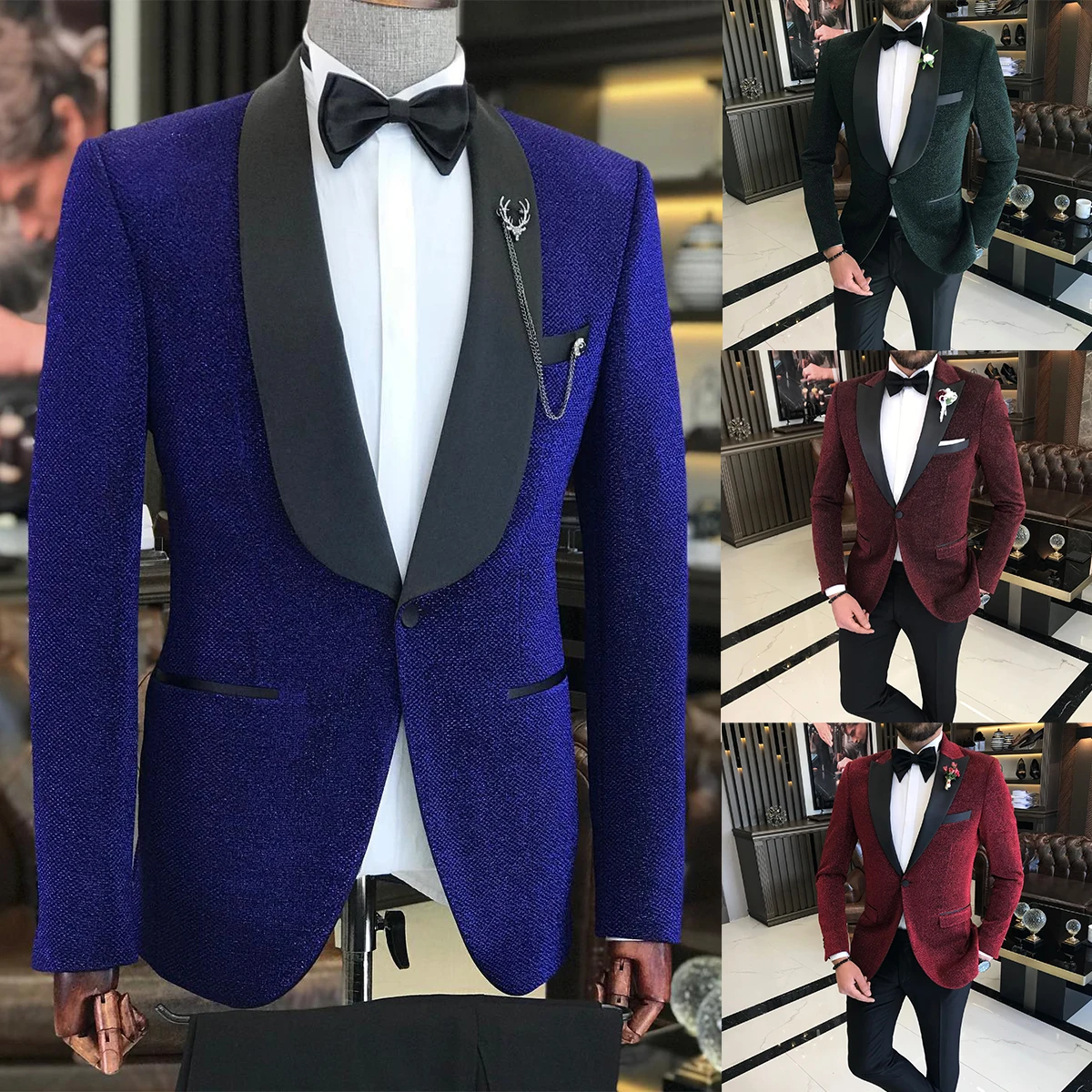 

Attractive Shining Men Suits Tuxedo Shawl Lapel One Button Customized 2-Piece Blazer Black Pants Tailored Handsome Fashion Party