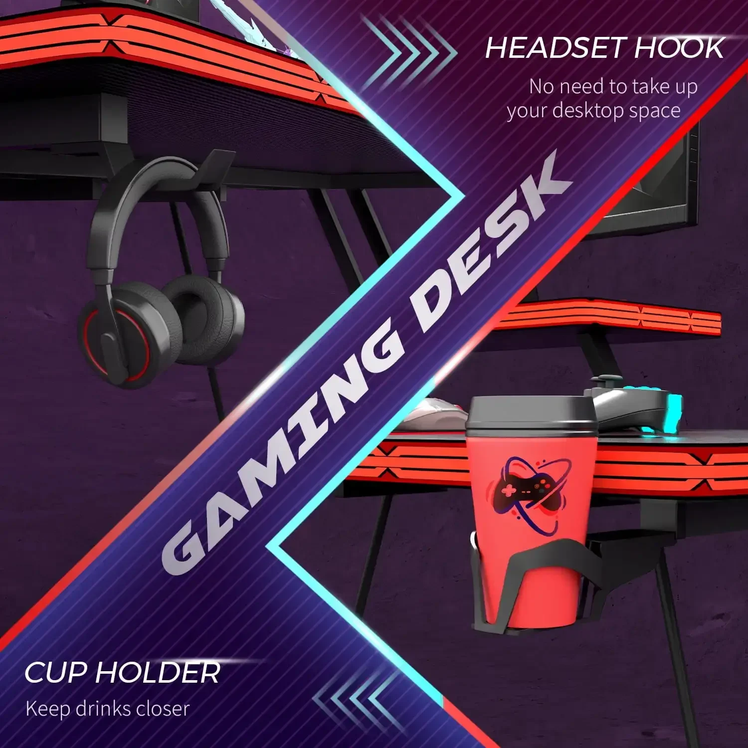 47 inch Gaming Desk Computer Desk with Monitor Stand and Cup Holder, Black 6
