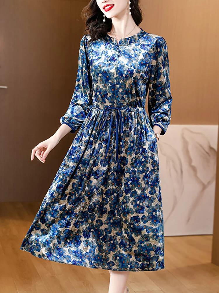 

Women Blue Floral Velvet Bandage Long Dress Autumn Winter Elegant Luxury Festival Dress 2023 Korean Fashon Bodycon Party Dresses