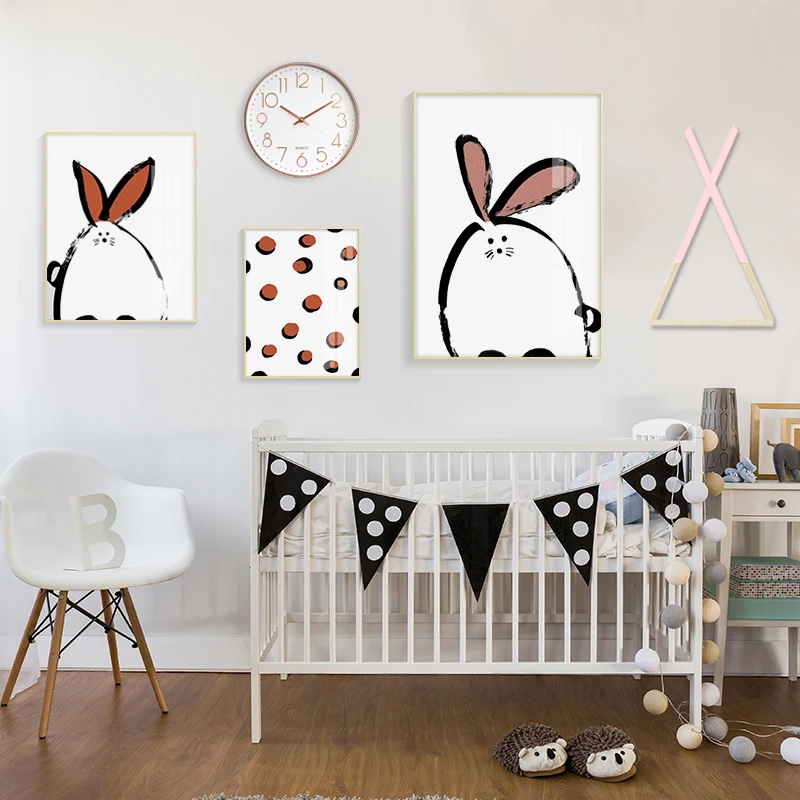 

Modern Cartoon Canvas Painting, Rabbit Poster, Polka Dot Hanging Painting, Girl Pink Nordic Style Princess Room Bedroom Mural