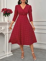 Women's Burgundy White Polka Dot Midi Dress V-Neck 3/4 Sleeves A-Line Spring Summer Elegant Vintage Daily Party Dress - Image 4