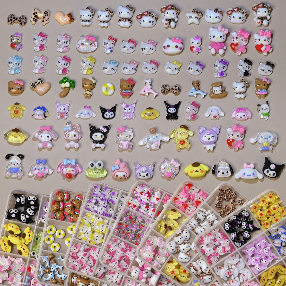 12칸 3D 레오파드 헬로키티 네일아트 참 장식 섹시 선글라스 리본 키티 별 미니 네일 장식 DIY 매니큐어 네일 용품