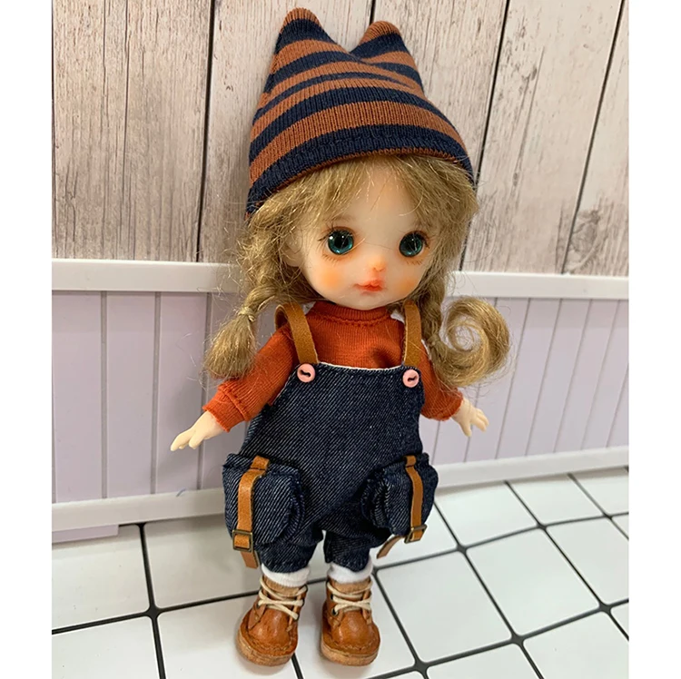Ob11 Doll Checkered Loose Overalls Clothes Dolls Jeans Suit With Hat + T-Shirt Doll For Molly Gsc Ymy P9 P10 Body Uf Dolls 5
