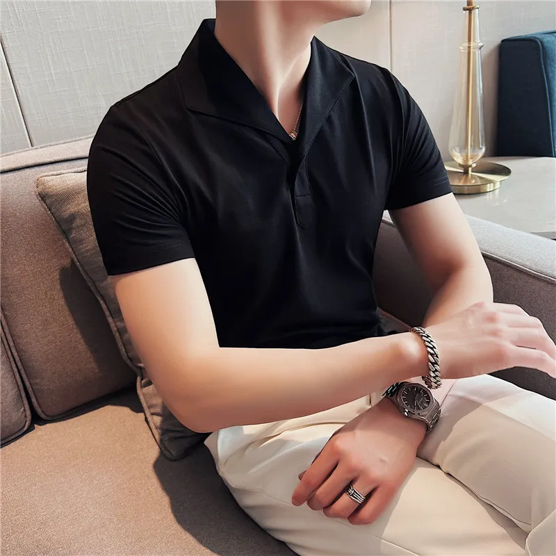 

2023 Summer Simple Polo Shirts Men Short Sleeve Lapel Slim Fit T-shirts Casual Business Tee Tops Streetwear Social Men Clothing