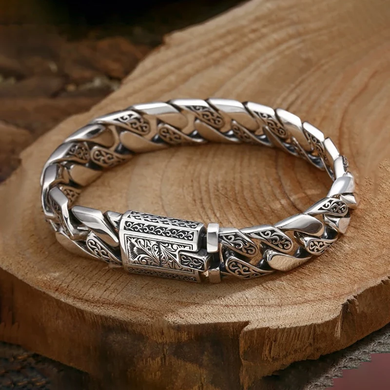 New Retro Silver Bracelet Men Punk Domineering Temperament Gift 3D Engraving Tang Grass Pattern Charms Jewelry