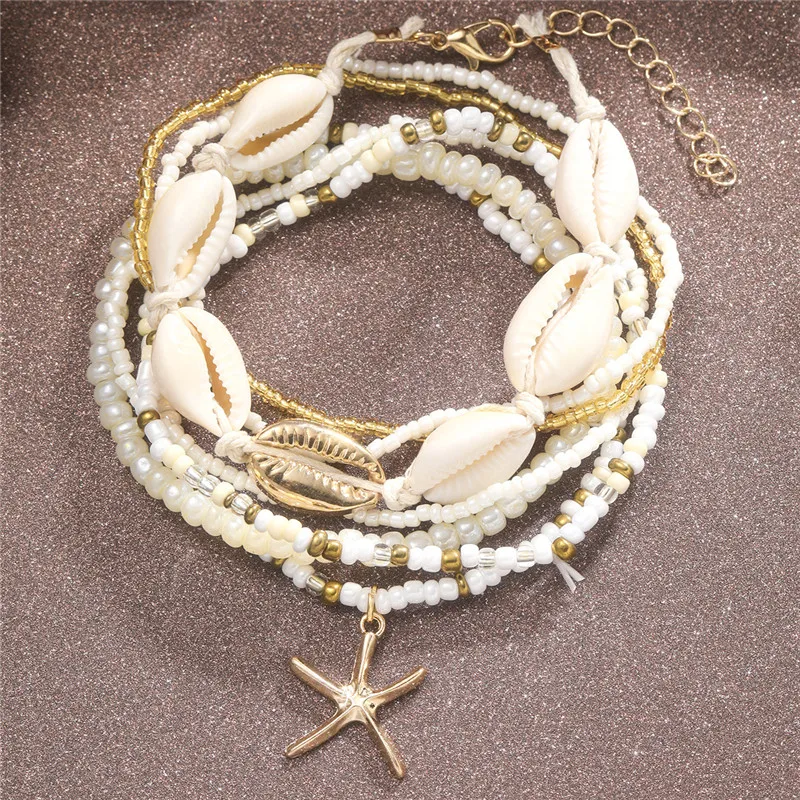 Beads Anklet Starfish Pearl Chain Set For Women Fashion Accessories