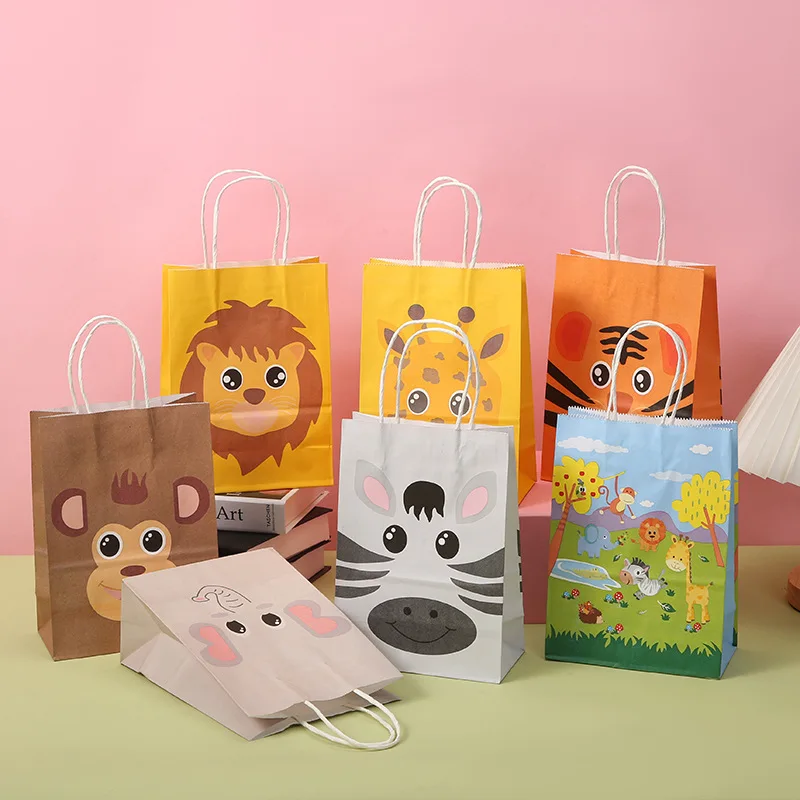 

50Pcs Monkey Tiger Cartoon Paper Bag With Handle 1th Birthday Gift Packaging Baptism Baby Shower Favor Handbag Party Decoration