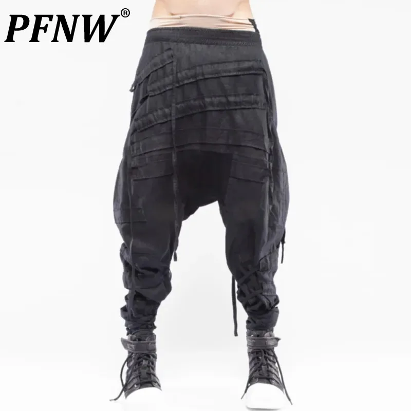 

PFNW Spring Autumn New Men's Straped Pure Cotton Leggings Casual Asymmetrical Solid Colors Tassel Straight Tide Trousers 28A1566