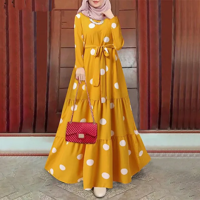110914-292fc1.jpg Abaya-Robe musulmane à manches longues et col rond pour femme, caftan décontracté avec ceinture imprimée épissée, Dubaï, Ramadan, Maroc, Eid