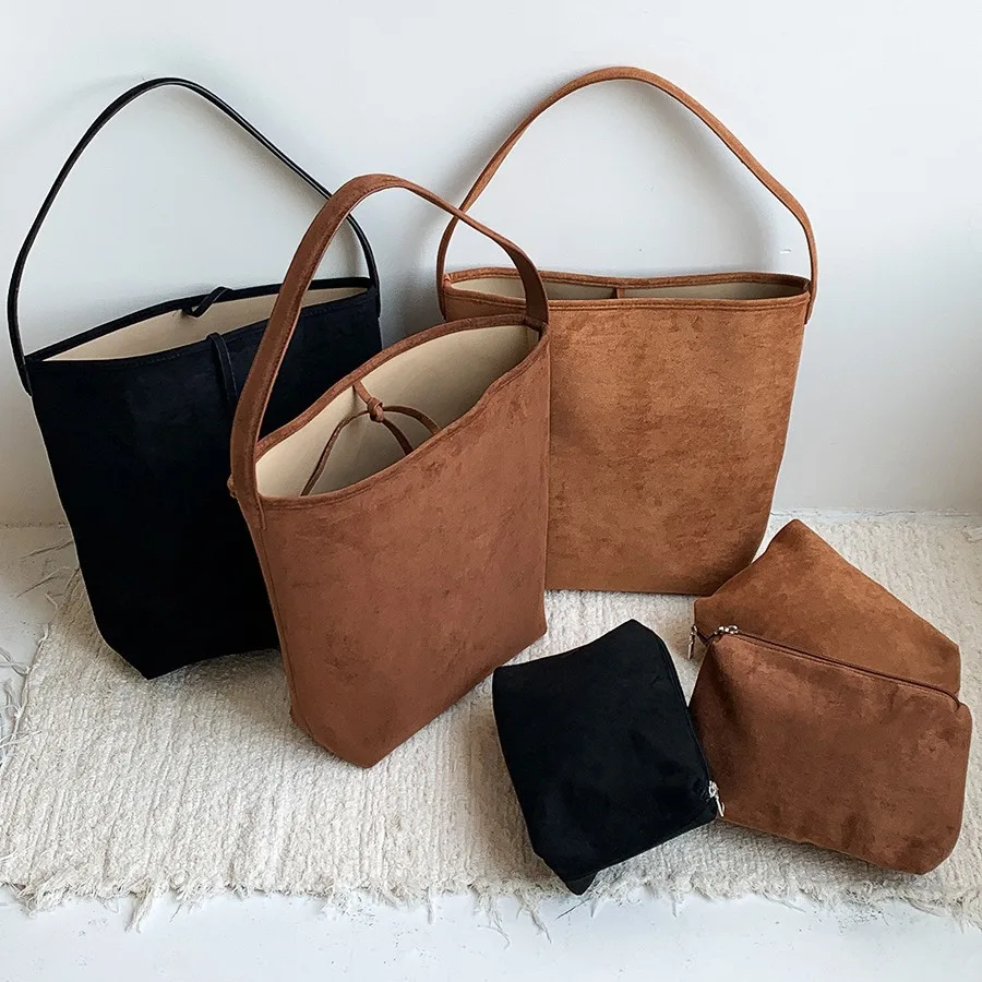 

South Korea brown suede women's shoulder autumn and winter new all-in-one underarm large capacity commuter bucket bag