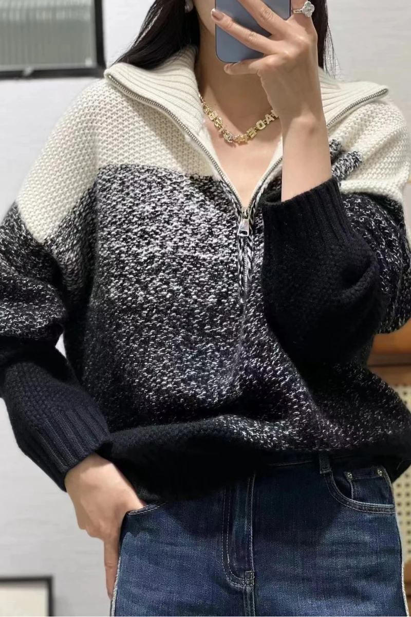 

Women's Sweaters Turtleneck Zipper Contrast Patchwork Jumpers Wool Cashmere Thick Pullovers Warm Female Coat Autumn Winter 2023