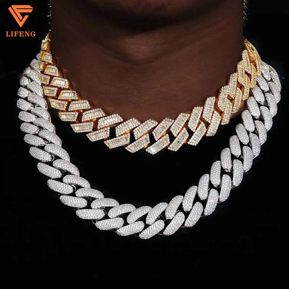 

2023 New Arrival Fashion Jewelry Popular S925 Iced Out Vvs Moissanite Baguette Diamonds 15mm Hip Hop Cuban Chain Mens Necklace