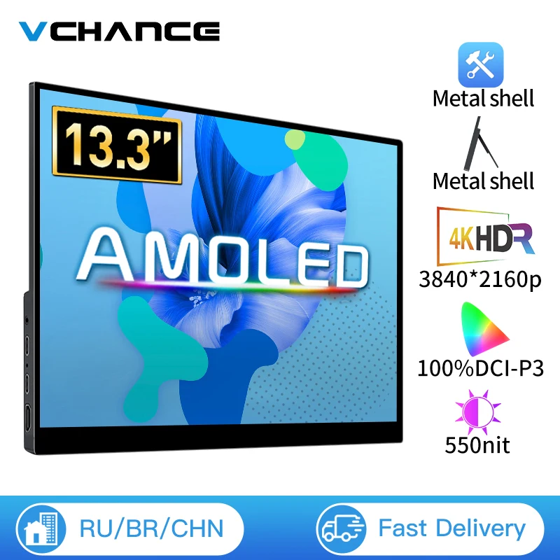VCHANCE 13.3 Cal 4K OLED przenośny Monitor 100% DCI-P3 ekran dotykowy USB-C drugi ekran do gier dla laptopa Xbox Switch PS5/4