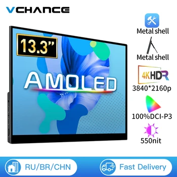 VCHANCE 휴대용 모니터 100% DCI-P3 터치 스크린, 노트북 Xbox 스위치 PS5/4 용 USB-C 두 번째 게임 화면, 13.3 인치 4K OLED