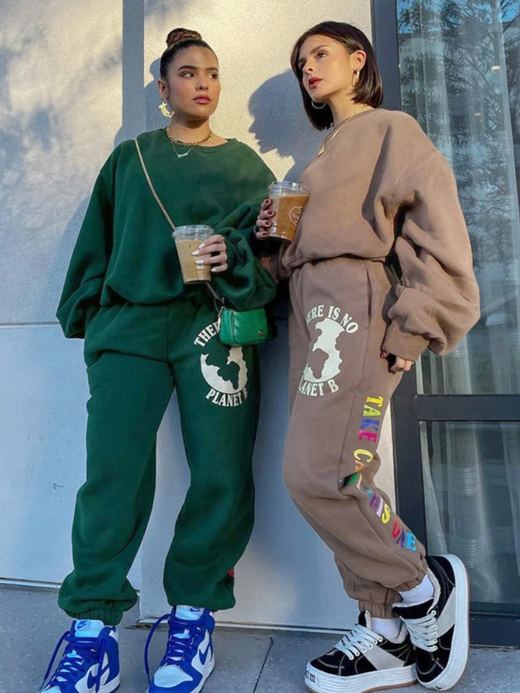 

WeiYao Letter Printed Sweatshirt 2 Two Piece Pants Set 2022 Autumn Winter Women Warm Suit Streetwear Y2k Woman Tracksuit Outfits