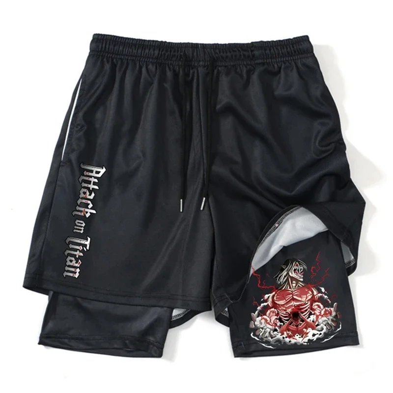 Anime Attack on Titan 2 in 1 Gym Workout Shorts for Men Quick Dry Stretchy Athletic Compression Shorts Fitness Running Jogging 6