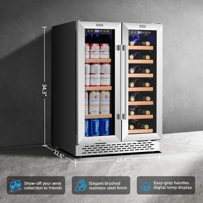 Wine Cooler Beverage Refrigerator 24 inch 20 Bottles & 88 Cans Beverage Fridge Dual Zone Wine Cooler Under Counter Lockable
