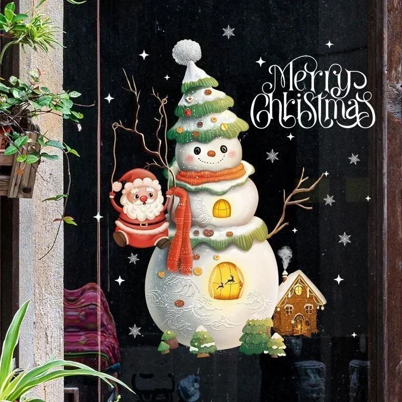 1Pcs Christmas Window Glass Sticker Cartoon Snowman Pattern Home Living Room Wall Holiday Self-adhesive Decoration Accessories