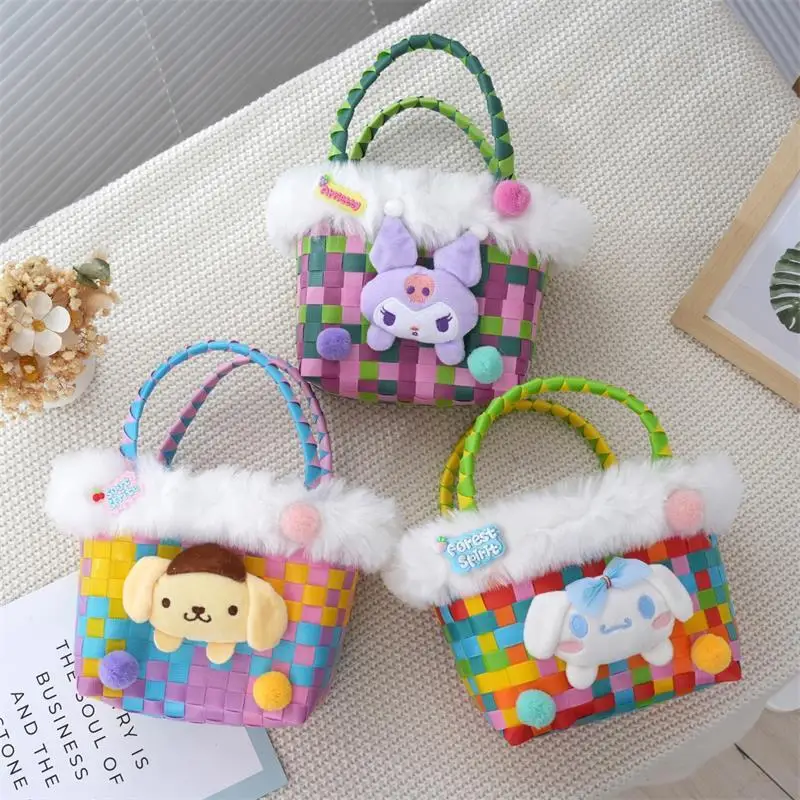 

Sanrio PE Woven Handbag Cinnamoroll Kuromi Melody Handbags High-Capacity Cute Vegetable Basket One Shoulder Crossbody Bags Gifts