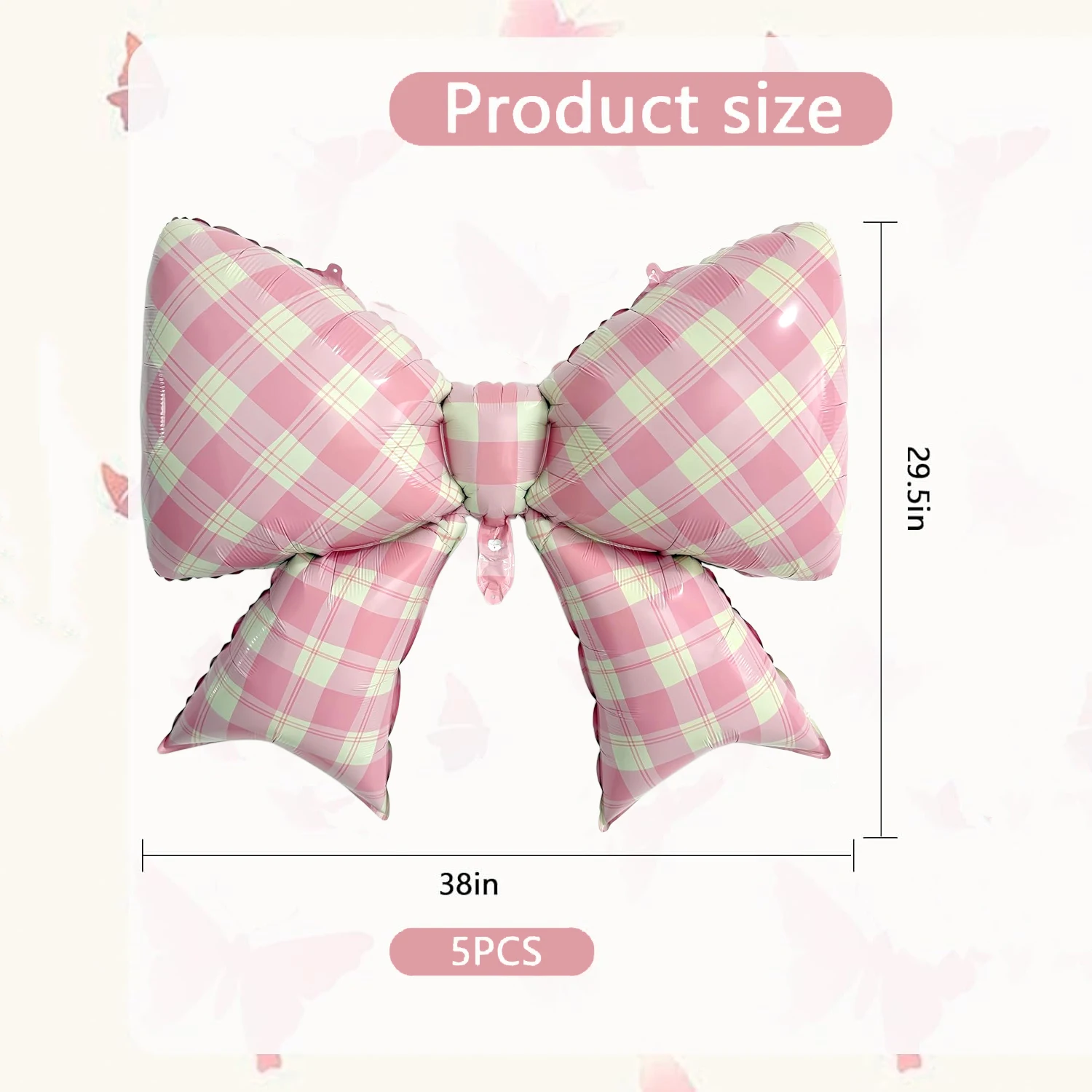 5 Stück/38 Zoll rosa/rot/blau/braun karierte Schleifenballons/Gingham-Schleifenfolienballons für Partyzubehör – Detail 6