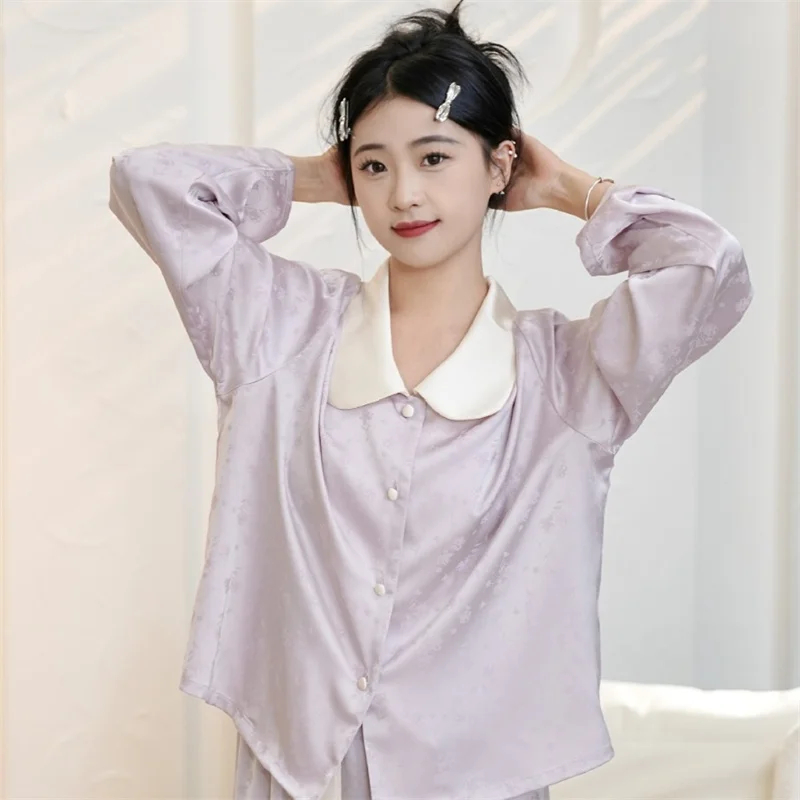 Women Pajamas Nightwear Little Purple Fragrance Long Sleeved Shirt And Trousers Ice Silky Solid Color Casual Smooth Sleepwear