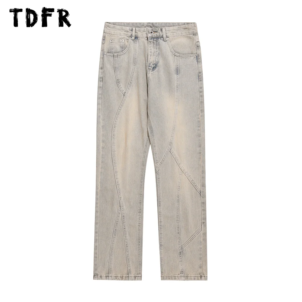 

Spliced Washed Distressed Jeans Mens Retro Casual Streetwear Straight Denim Trousers Men Jeans Pants