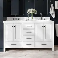 61" White Double Bathroom Vanity with Sink, 1.5" Edge Pure White Quartz Countertop & Backsplash, Brushed Nickel 1
